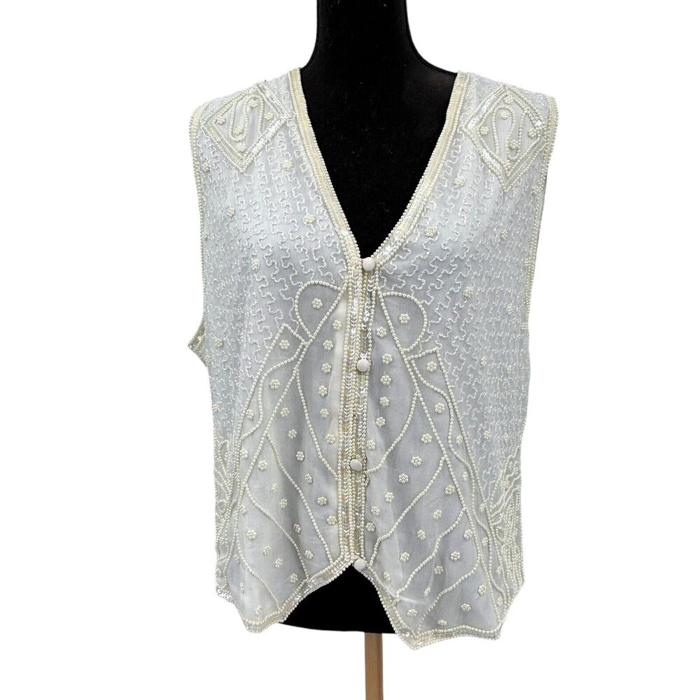 New Vintage Deadstock Amanda‎ Smith White Silk Beaded Pearl Detail  Vest 1x